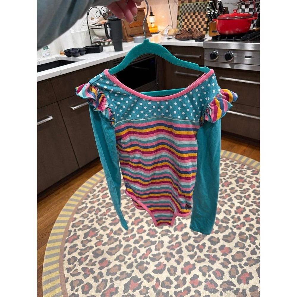 Matilda Jane long-sleeve "Dance Off" leotard colorful horizontal strip 10